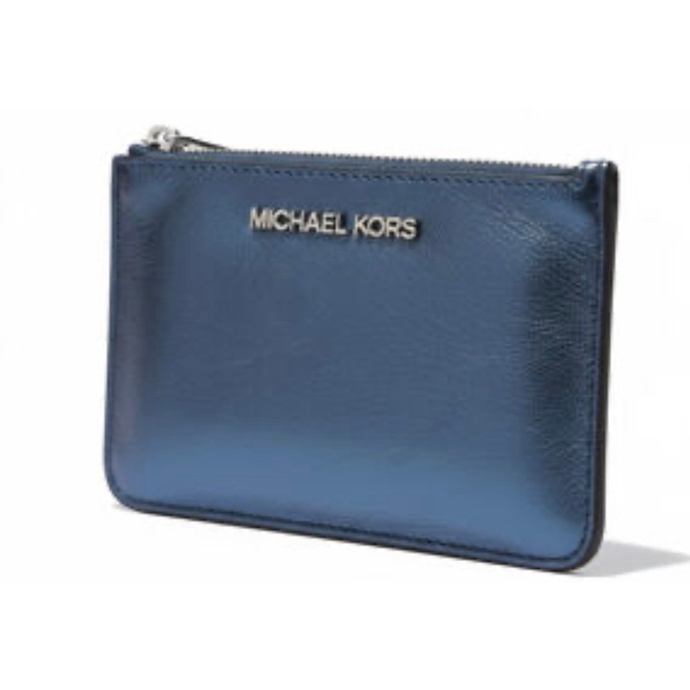 New with tags $188 Michael Kors Metallic Blue Leather Pouch Zipper Key Ring - Picture 1 of 15